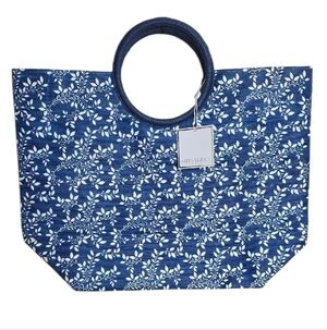 NWT Shiraleah Florentina Tote Circle Ring Handles Floral Blue Bag Large Size
